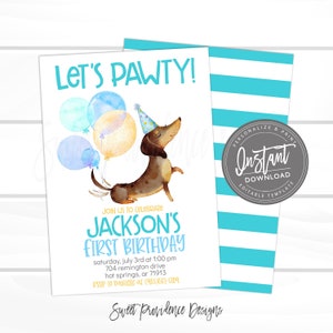 Peut inclure: Un fond ray&eacute; bleu et blanc avec une carte blanche repr&eacute;sentant un teckel de dessin anim&eacute; portant un chapeau de f&ecirc;te et tenant des ballons. La carte dit "Let's Pawty!" et "Jackson's First Birthday".