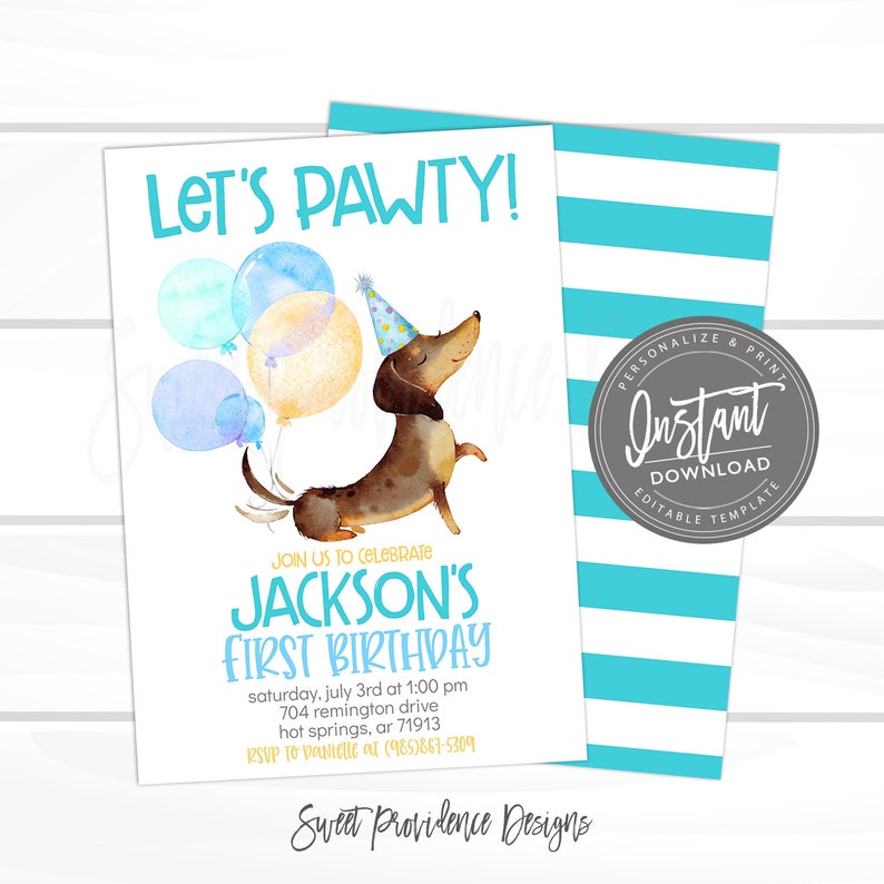 Peut inclure: Un fond ray&eacute; bleu et blanc avec une carte blanche repr&eacute;sentant un teckel de dessin anim&eacute; portant un chapeau de f&ecirc;te et tenant des ballons. La carte dit "Let's Pawty!" et "Jackson's First Birthday".