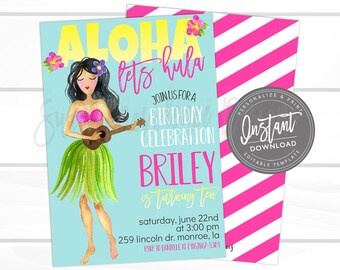 Luau Invitation, Luau Birthday Pool Party Invite, Hawaiian Luau Party Supplies, Printable Editable template - INSTANT ACCESS - Edit NOW!