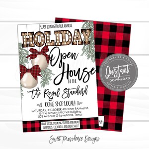 May include: Holiday Open House invitation with text and graphics. The invitation features the words "Holiday Open House" in a marquee style, with the event details. The design includes red and black buffalo plaid accents and decorative elements.
