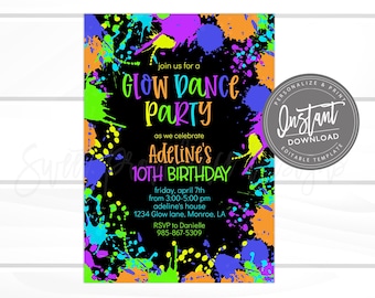 Glow Party Birthday Invitation, Neon Glow Dance Party invitation, Glow in the Dark Party Invite  Editable Invitation, Instant Access