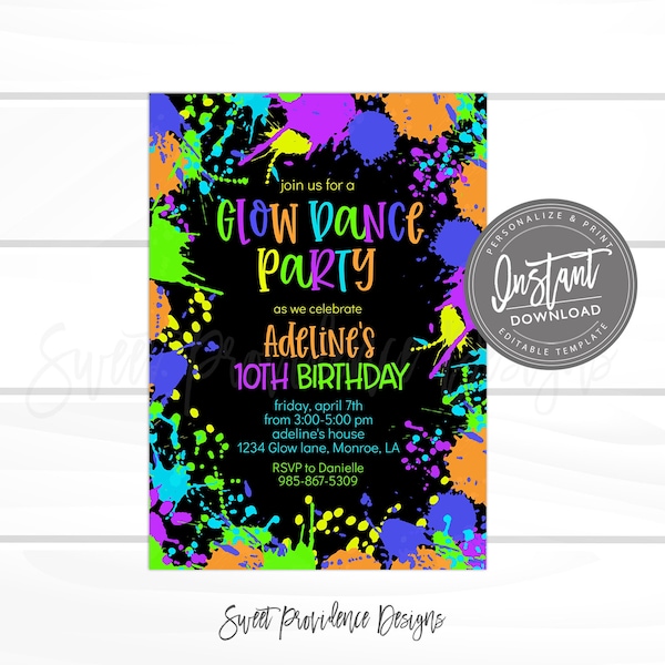 Glow Party Birthday Invitation, Neon Glow Dance Party invitation, Glow in the Dark Party Invite  Editable Invitation, Instant Access