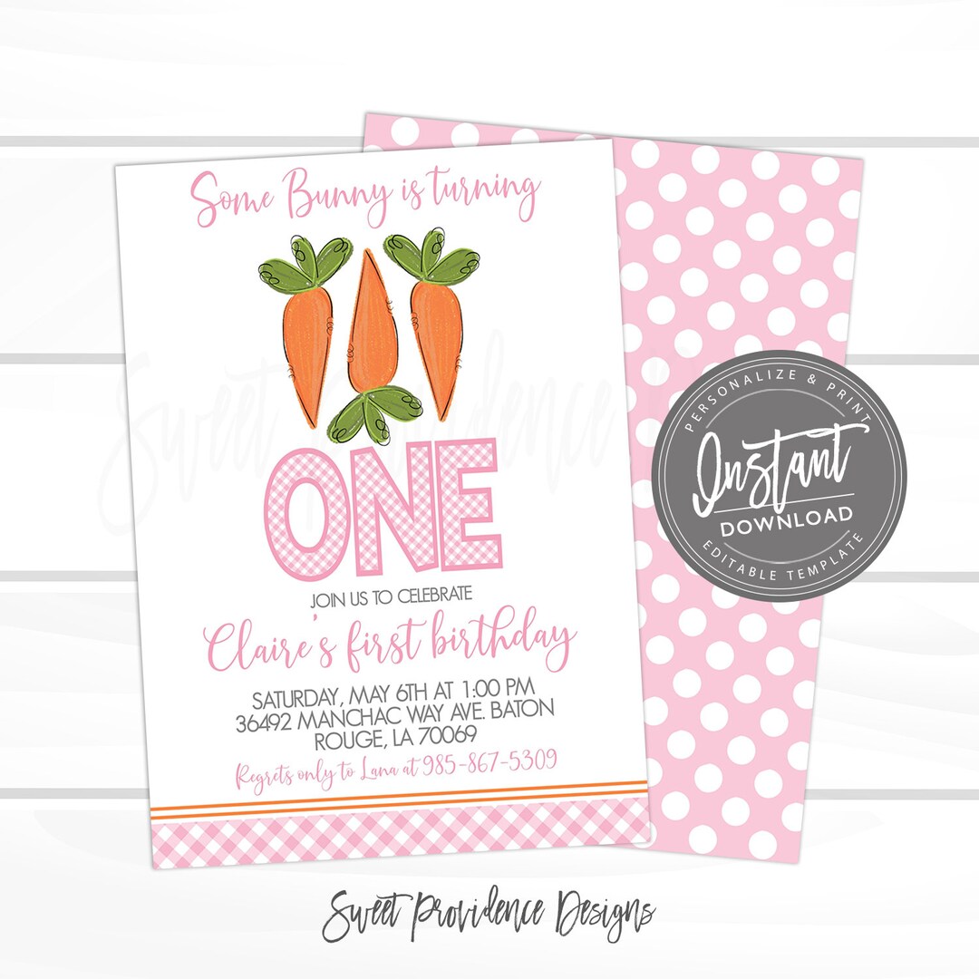 Easter Birthday Party Invitation, Editable Girl Bunny Carrot Invite ...