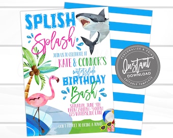 Pool Party Invitation, Shark Flamingo Waterslide, Sibling Birthday Invite, Summer Birthday Party, Editable template INSTANT ACCESS- Edit NOW