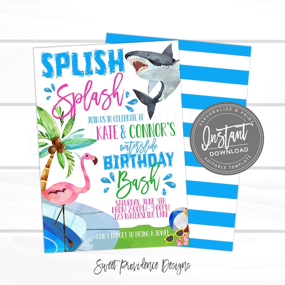 Pool Party Invitation, Shark Flamingo Waterslide, Sibling Birthday Invite, Summer Birthday Party, Editable template INSTANT ACCESS- Edit NOW Il_570xn