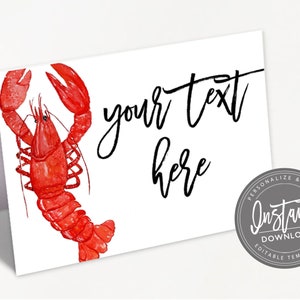 May include: A printable place card featuring a red lobster illustration with the text "your text here".