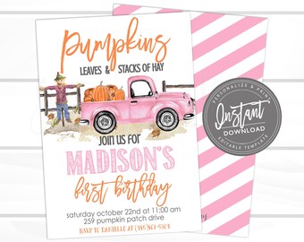 Pumpkin Birthday Invitation, Pumpkin, Pink Truck, Pumpkin Patch, Fall Invitation, Editable, Girl Party Invitation Template, Instant Download