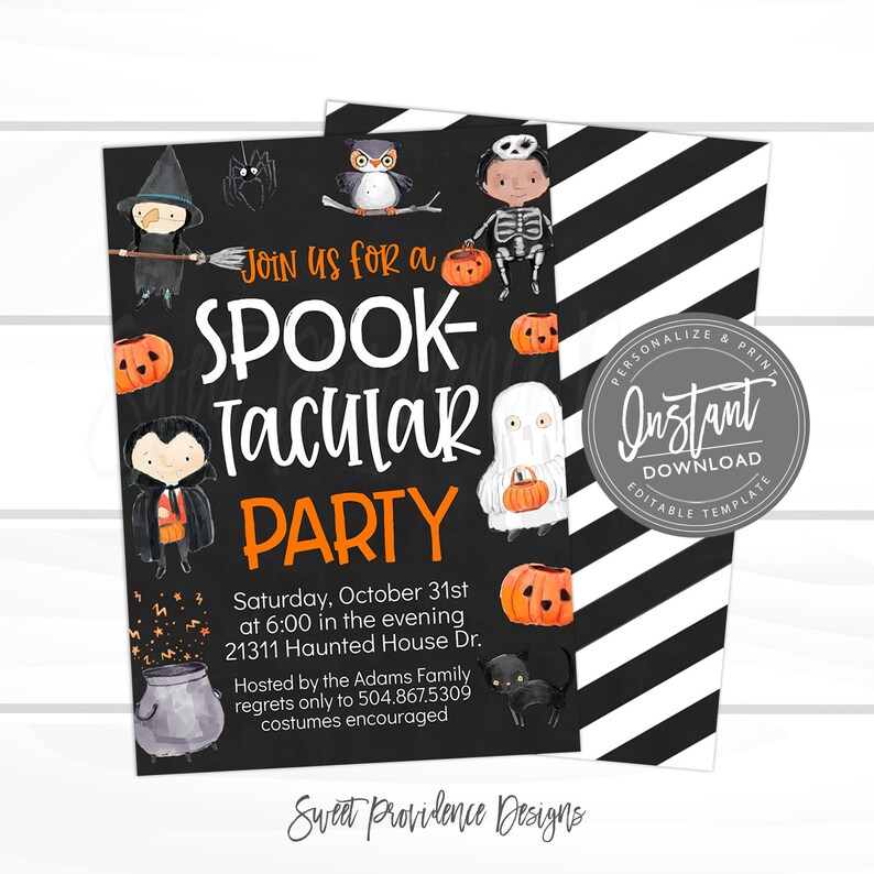 May include: A black Halloween party invitation featuring watercolor illustrations of a witch, skeleton, vampire, ghost, owl, spider, cat, and pumpkins. The text reads JOIN US FOR A SPOOK-TACULAR PARTY, Saturday, October 31st, 6:00, 21311 Haunted House Dr.