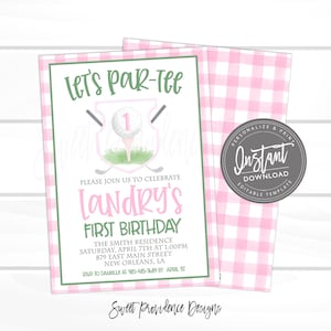Golf Birthday Invitation, Let's Par-Tee, Editable pink golf party, Girls Sports First Birthday Invite, Top Printable Instant Access EDIT NOW
