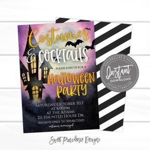 May include: A Halloween party invitation with a watercolor background of purple and black. The invitation features a haunted house silhouette, bats, and the words "Costumes & Cocktails" and "Halloween Party". The back of the invitation has black and white stripes.