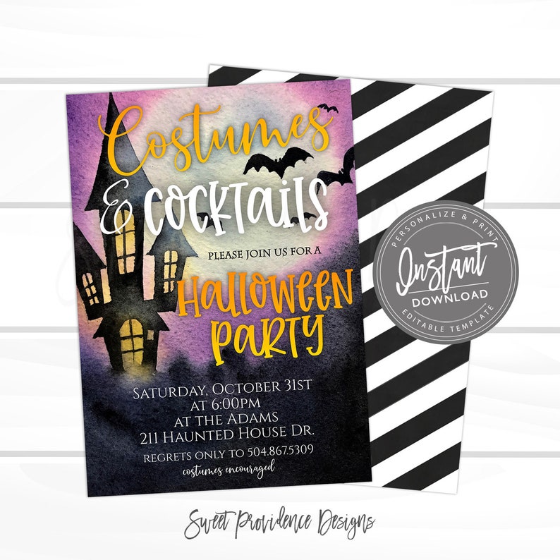 May include: A Halloween party invitation with a watercolor background of purple and black. The invitation features a haunted house silhouette, bats, and the words "Costumes & Cocktails" and "Halloween Party". The back of the invitation has black and white stripes.