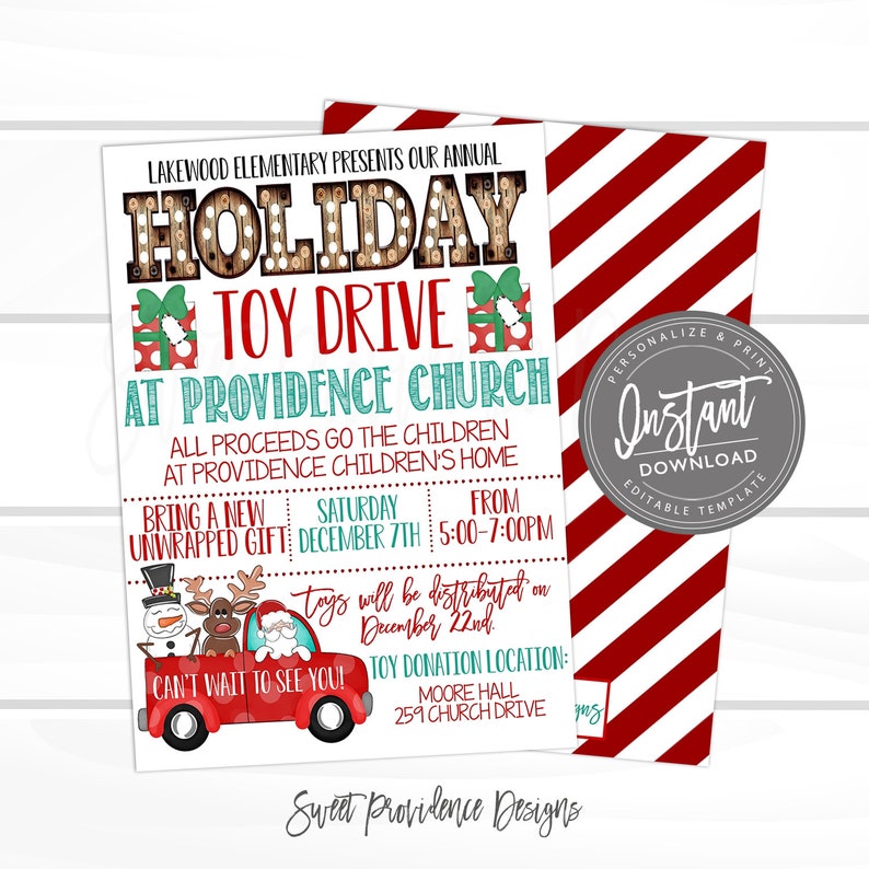 Pu&ograve; includere: Un volantino per una raccolta di giocattoli natalizi presso la Providence Church. Il volantino ha uno sfondo a strisce rosse e bianche. Il testo include "Holiday Toy Drive" e dettagli sulla donazione il 7 dicembre. &Egrave; presente anche un camion rosso.