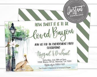 May include: A watercolor illustration of a pelican, a street lamp, and a magnolia flower with a green and blue background. The text "How sweet it is to be loved Bayou" is at the top of the image. The text "Join us for an engagement party celebrating Abigail & Michael" is below the illustration. The text "Saturday, July 18th at 2pm 1358 Bayou Drive, Monroe, LA 71201" is below the names. The text "Regrets only to (318)861-5309" is below the address. The text "The Couple is registered at Amazon & Target" is at the bottom of the image.