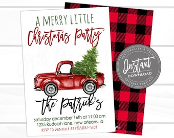 Christmas Invitation, Red Truck Tree, Editable Christmas Party template, Merry little Christmas Invitation, buffalo plaid, Instant Download