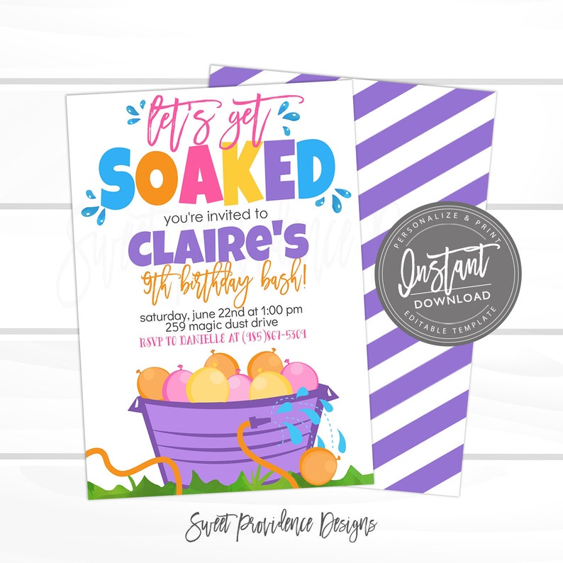 Water Balloon Birthday Invitation, Birthday Party Invite, EDITABLE Water Slide Invitation, Editable Birthday, Instant Access- EDIT NOW image 1