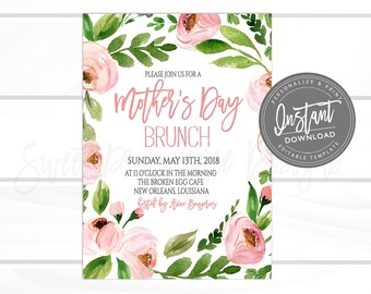 Mother's Day Brunch Invitation, EDITABLE Church Brunch Invite, Mothers Day, elegant Pink Floral PRINTABLE Instant Access