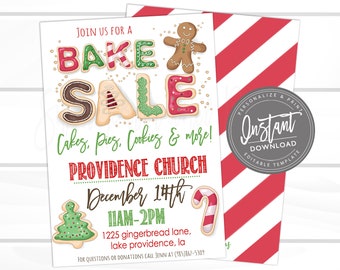 Peut inclure: Une affiche de vente de pâtisseries sur le thème de Noël avec un bonhomme en pain d'épices et une canne en sucre. Les mots "BAKE SALE" sont écrits avec des lettres en forme de biscuits décorés. L'affiche indique la date, l'heure et le lieu de l'événement.