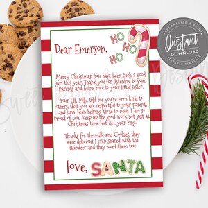 May include: A Christmas-themed printable letter from Santa Claus, featuring red and white stripes, green borders, and a candy cane cookie. The letter is addressed to "Emerson" and includes a message about good behavior, with chocolate chip cookies and candy canes nearby.