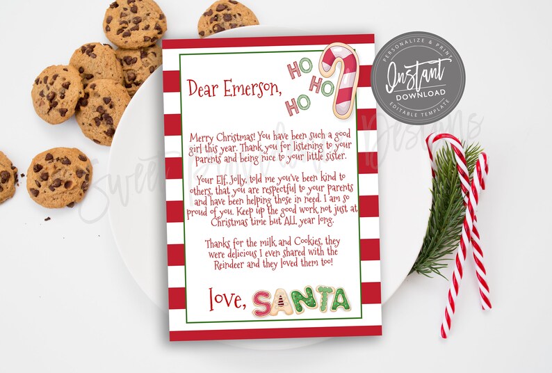 Puede incluir: Una carta imprimible con tem&aacute;tica navide&ntilde;a de Pap&aacute; Noel, con rayas rojas y blancas, bordes verdes y una galleta de bast&oacute;n de caramelo. La carta est&aacute; dirigida a "Emerson" e incluye un mensaje sobre el buen comportamiento.