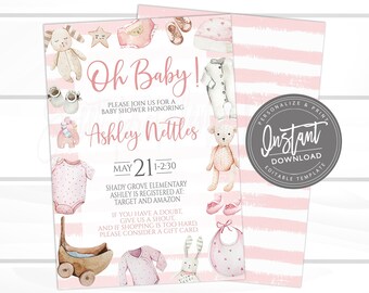 Oh Baby Girl Shower Invitation, Editable Shower Girl Onesie invite, Pink Girl, Oh Baby, Onesie Invitation, Oh Baby!, Instant Access Edit Now