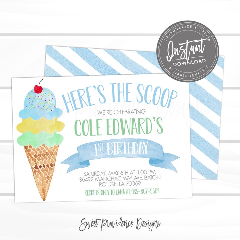 K&ouml;nnte beinhalten: Ein blaues und gr&uuml;nes Eis am Stiel mit Streuseln oben drauf. Der Text "Here's the Scoop" befindet sich &uuml;ber dem Eis am Stiel. Der Text "We're celebrating Cole Edward's 1st Birthday" befindet sich unter dem Eis am Stiel. Der Text "Saturday, May 6th at 1:00 PM 36492 Manchac Way Ave Baton Rouge, LA 70069 Regrets only to Lana at 985-867-5309" befindet sich unter dem Geburtstagstext. Der Text "Sweet Providence Designs" befindet sich am unteren Rand der Einladung.