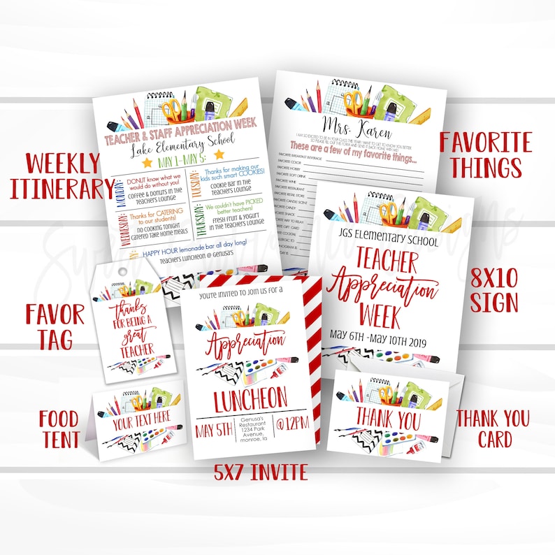 May include: Teacher Appreciation Week printable set with a weekly itinerary, favor tag, food tent, 5x7 invitation, thank you card, and 8x10 sign. The design features a colorful school supplies theme with red, green, and blue accents.