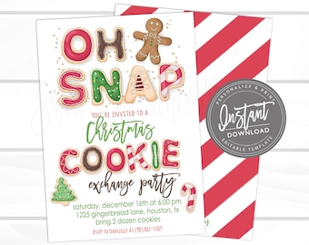 Puede incluir: Una invitación a una fiesta de intercambio de galletas navideñas con un fondo a rayas rojas y blancas. La invitación presenta a un hombre de jengibre y el texto "Oh Snap! You're invited to a Christmas Cookie Exchange Party".