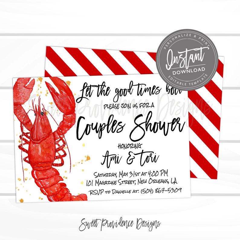 May include: A red and white striped background with a white card featuring a watercolor illustration of a lobster. The card has the text "Let the good times roll" and "Couples Shower" with the names "Ami & Tori" and details for a couples shower.