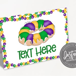 Mardi Gras Food Tent, Editable Name Place Cards, Mardi Gras Folded tent name card, King Cake Printable Template, Instant Access