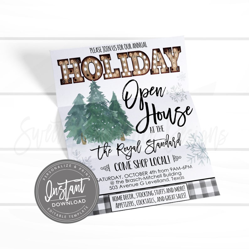 May include: A festive invitation for a Holiday Open House at The Royal Standard. The invitation features a watercolor illustration of pine trees with snowflakes and a plaid background. The event is scheduled for Saturday, October 4th from 9 AM to 6 PM at the Brasch-Mitchell Building, 503 Avenue G Levelland, Texas. The invitation also mentions home decor, stocking stuff, appetizers, cocktails, and great sales.