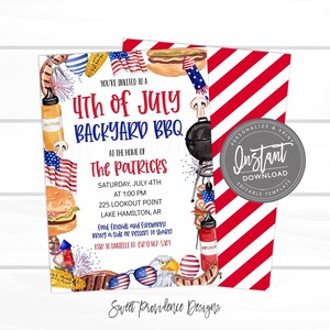 Op de afbeelding: Een uitnodiging voor een 4 juli barbecue in de achtertuin met een aquarelontwerp met rood-wit-blauwe Amerikaanse vlaggen, vuurwerk, hotdogs, hamburgers en een grill. De tekst luidt: "U bent uitgenodigd voor een 4 juli barbecue in de achtertuin bij de Patricks Zaterdag 4 juli om 13:00 uur 225 Lookout Point Lake Hamilton, AR Eten, vrienden en vuurwerk! Breng een bijgerecht of dessert om te delen! RSVP naar Danielle op: (504) 867-5301 Sweet Providence Designs"