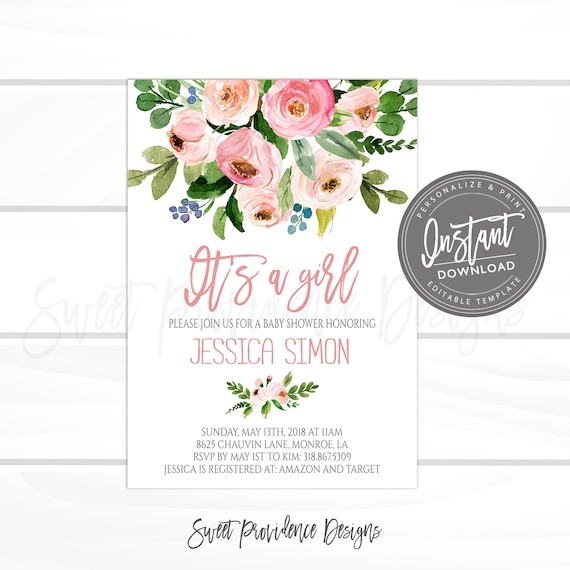 Baby Girl shower invitation, It's a girl, Floral Bouquet Baby Shower Invite, Watercolor Floral, Editable template, Instant Access Il_570xn