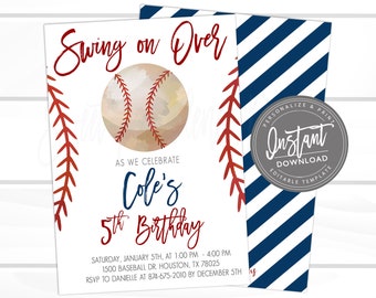 Baseball Birthday Invitation, Swing on Over, Editable baseball team party, Boy Sports Birthday Invitation, Printable Instant Access EDIT NOW