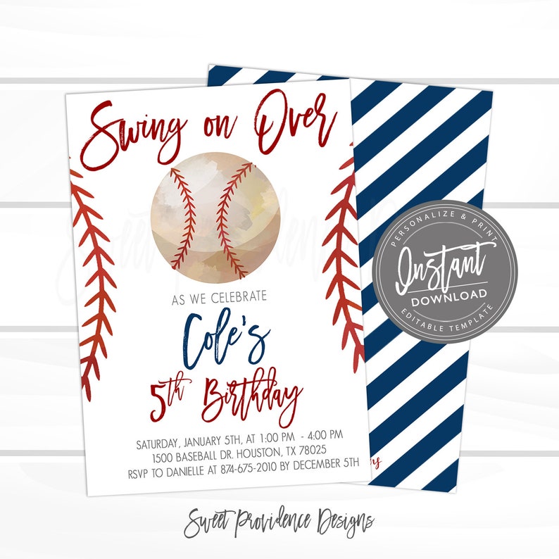 May include: Baseball-themed birthday invitation with the text "Swing on Over" and "Cole's 5th Birthday." The design includes a baseball graphic, red stitching accents, and a navy blue and white striped pattern on the back.
