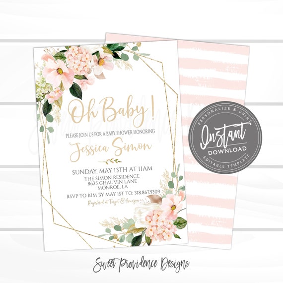 Pink Floral Oh Baby Invitation Template Set, Gold Geometric Baby Shower