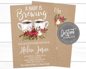 Baby Shower Coffee Invitation, Editable Christmas Invitation Baby Shower Brunch, A Holiday Baby is brewing Invite,  Instant Download