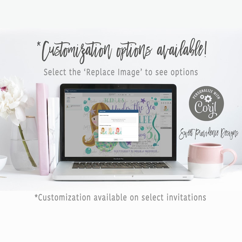 May include: A laptop screen displaying a customizable invitation template for a child's birthday party. The invitation features a mermaid illustration and the text "Under the Sea". The screen also shows a selection of different mermaid illustrations to choose from. The text "Personalize with Coril" is visible in a circle with a gear icon.