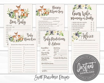 Baby Shower Games Template Pack, Printable Woodland Boy Shower Game Cards, EDITABLE baby game, Shower Game, , Instant Access