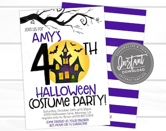 以下が含まれることがあります： お化け屋敷、コウモリ、満月が描かれたハロウィーンパーティーの招待状。「エイミーの4thハロウィーンコスチュームパーティー！」とイベントの詳細、「お気に入りの80年代映画またはテレビのキャラクターのコスチュームで参加してください！」と書かれています。