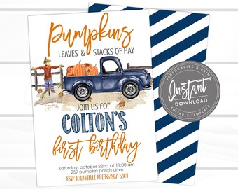 Fall Birthday Invitation, Pumpkin Navy Orange Truck, Pumpkin Patch, Boy Birthday Invite, Editable Template, Instant Access -Edit Now