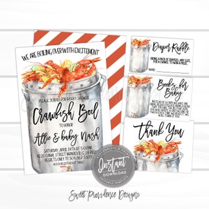 May include: A watercolor illustration of a crawfish boil with a red and white striped background. The text reads "We are boiling over with excitement" and "Please join us for a baby shower Crawfish Boil to honor Allie & baby Nash".