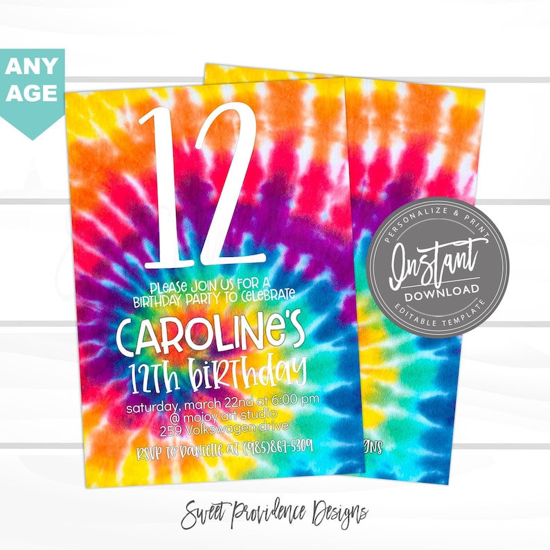 Tie Dye Party Invitation, Birthday Party, VSCO Girl Invitation, 90's Girl, TweenTie Dye Birthday Party, VSCO party, Any Age, Instant Access image 1