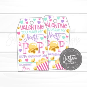 Popcorn Valentine Printable Favor Tags, You Make My Heart Pop Tags, Girl Valentine, Editable Valentine Card Kids, template INSTANT ACCESS