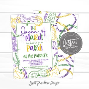 May include: A Mardi Gras party invitation with a purple, green, and gold color scheme. The invitation features a whimsical illustration of Mardi Gras masks, beads, and musical notes. The text reads "The Queen of Mardi is having a Pardi at The Patrick's" with details about the event, including the date, time, location, and RSVP information.