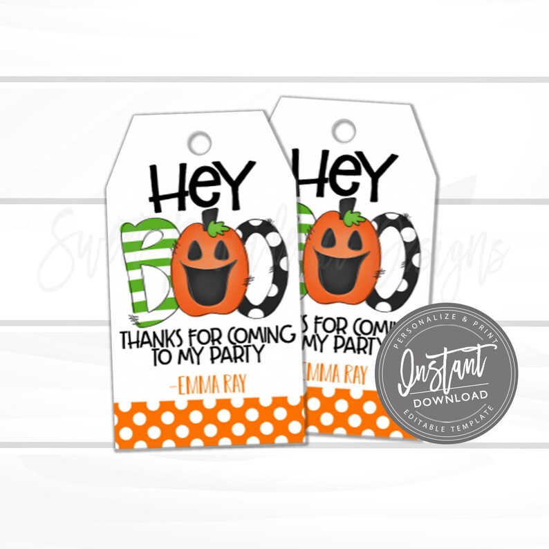 May include: Two Halloween-themed gift tags with a white background. The tags feature a pumpkin design with the word "BOO" and the text "Thanks for coming to my party". The tags also include the text "Hey" and "Emma Ray".