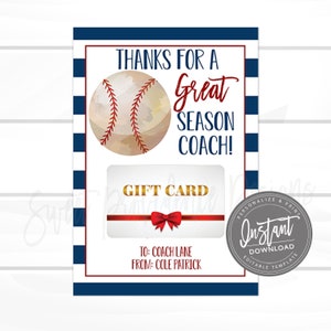 EDITABLE Baseball Gift Card Holder, End of Baseball Season, Coach Team Summer Gift, INSTANT DOWNLOAD, Printable Coach Gift From Player image 1