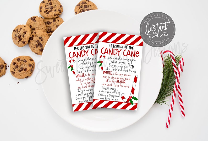 May include: Two cards with the text "The Legend of the Candy Cane" and a poem, featuring red and white stripes and a candy cane illustration. The cards are on a white plate with chocolate chip cookies and candy canes.