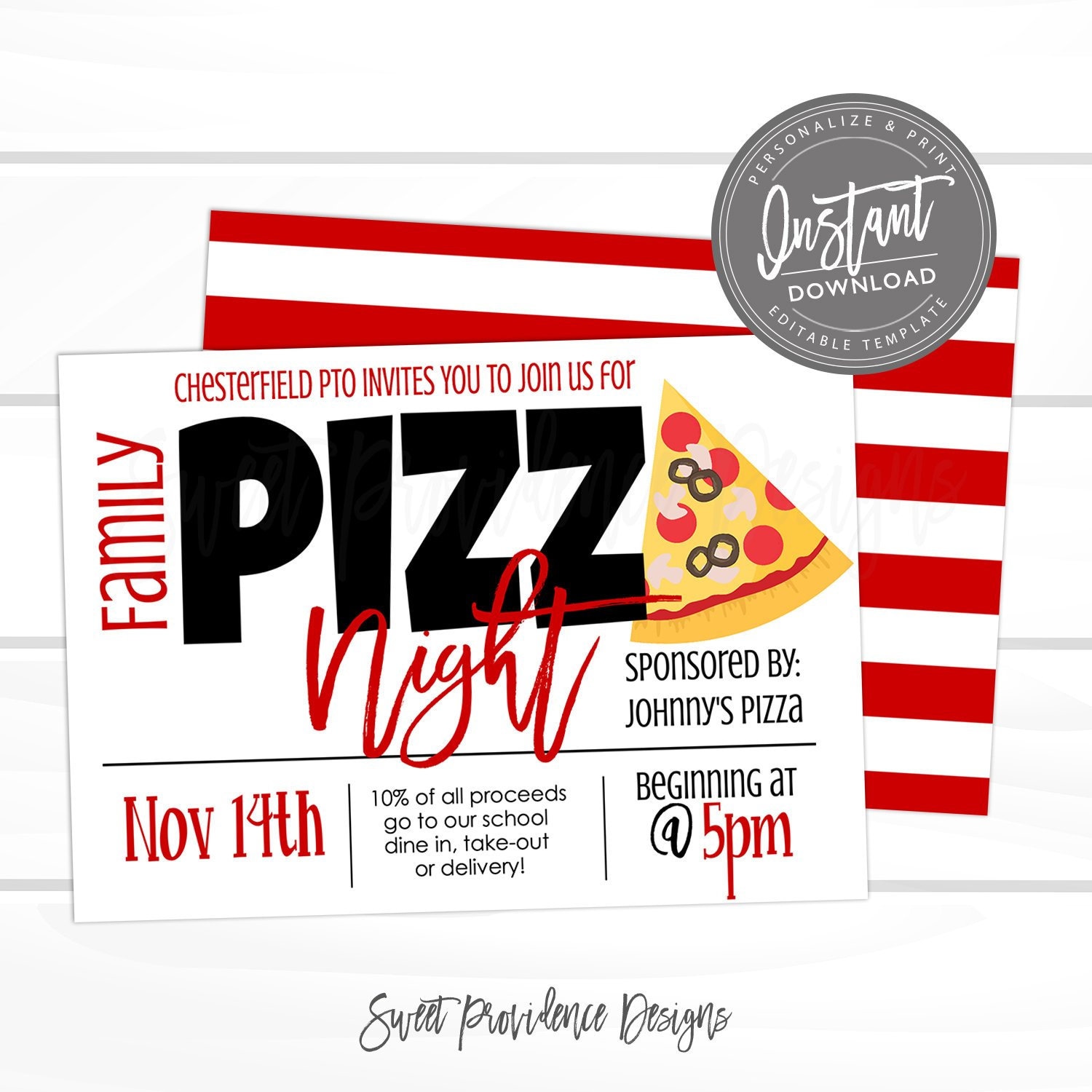 Pizza Night Flyer, School or Church Pizza party, PTO School Pizza  fundraiser Editable template, Sweet Providence, Instant Access, With Regard To Pizza Party Flyer Template Free