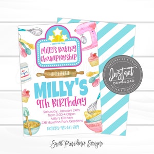 Baking Party Birthday Invitation, Baking Championship Party invitation, Birthday Invitation. Editable Girl Invitation, Instant Access