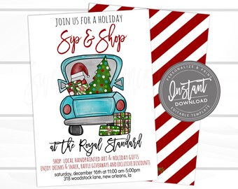 Christmas Flyer, Editable Kraft Sip & Shop Holiday Boutique Invite, Business shopping flyer, open house template  Instant Download